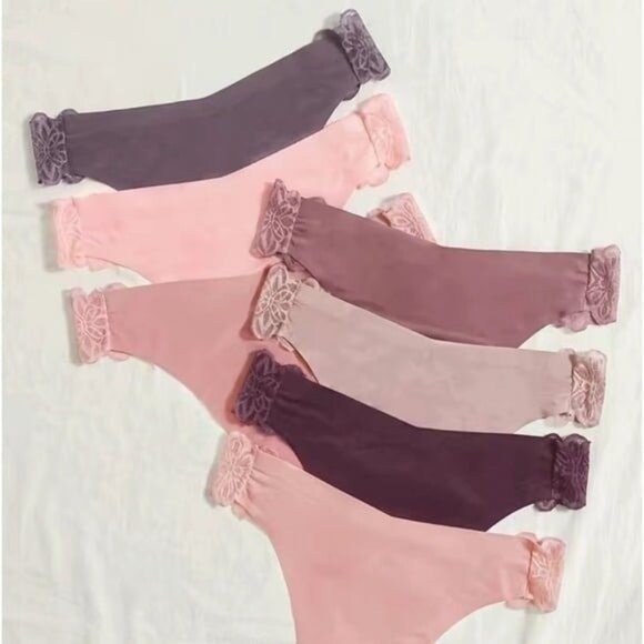 7pc Pink & Purple Satin Lace Detail Seamless Panties Set - Picture 3 of 5